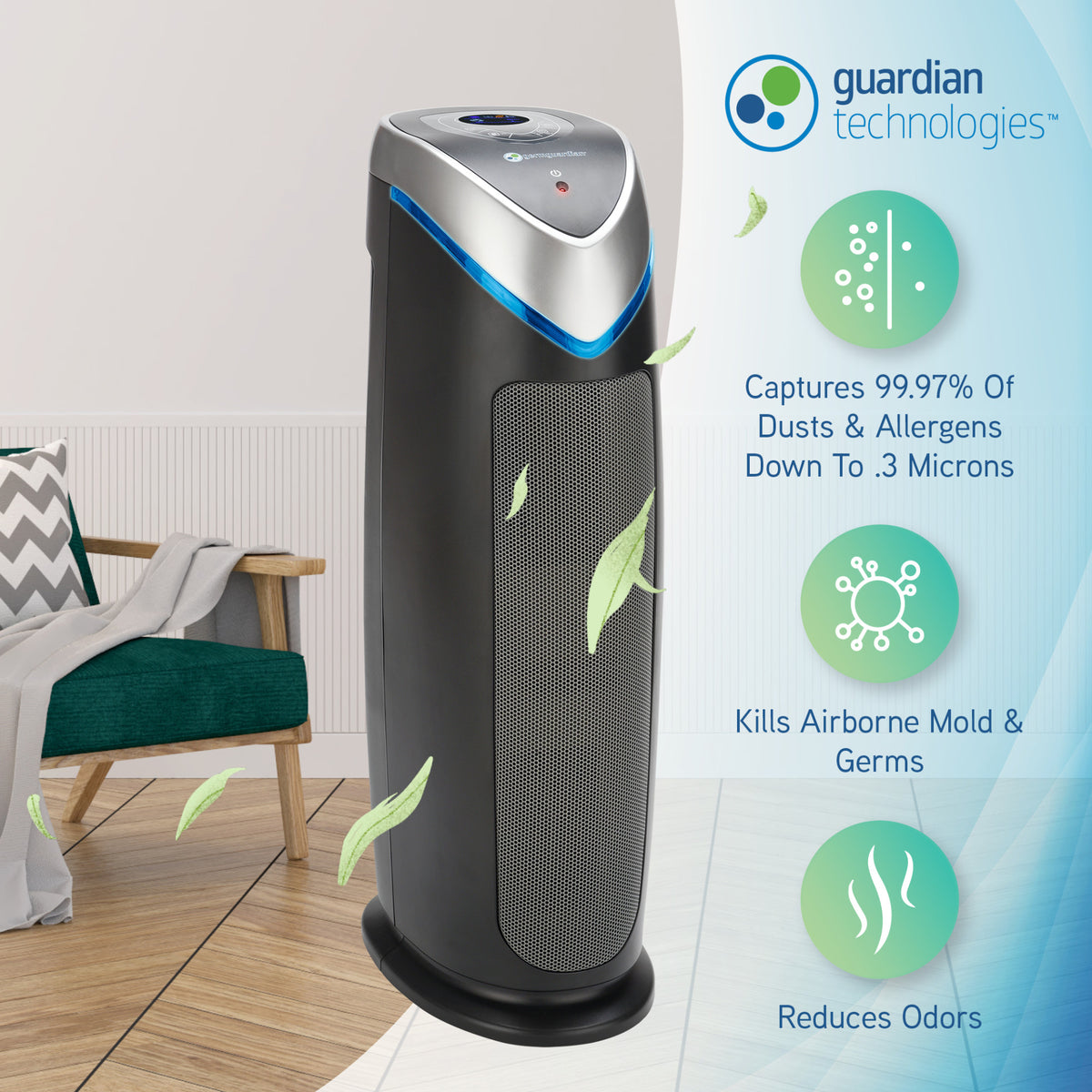 GermGuardian AC4870 4 in 1 Digital Air Purifier with HEPA Filter UV C Sanitizer and Odor Reduction 22 Inch Tower