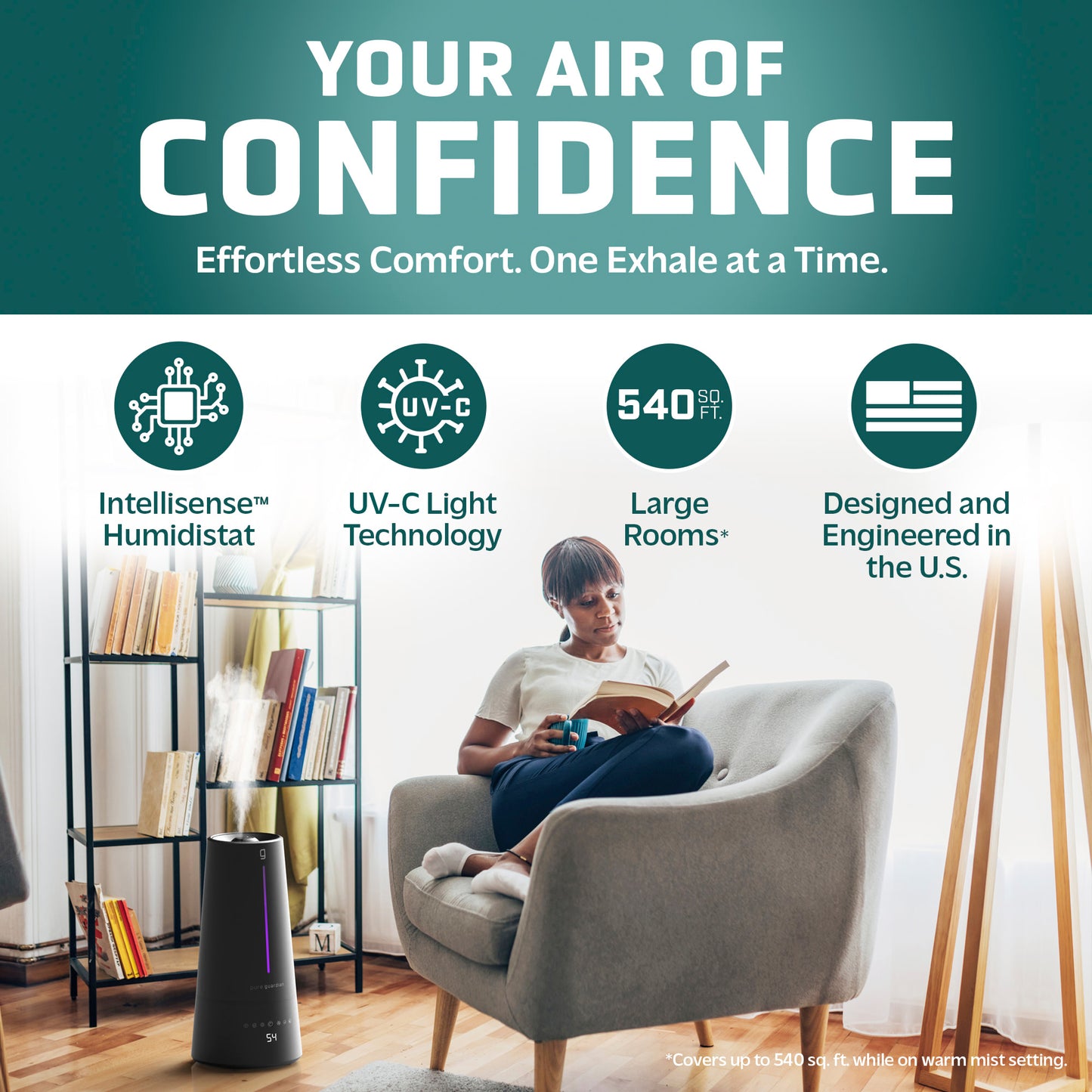 PureGuardian H5665B 90-Hour, 1.5 Gallon Warm and Cool Mist Ultrasonic Humidifier with Humidistat and UV-C