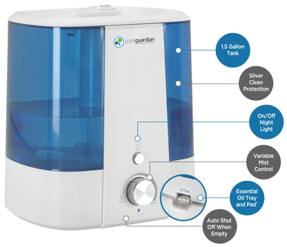 PureGuardian H1175 Top Fill Ultrasonic Cool Mist Humidifier with Aromatherapy Tray, 1.5-Gallon