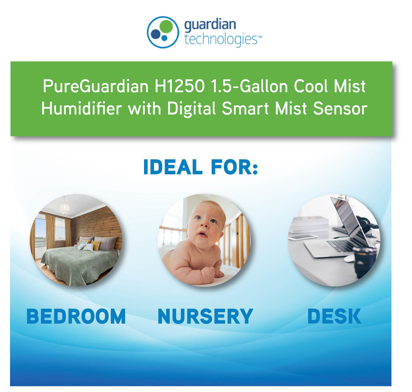 PureGuardian H1250 100-Hour Ultrasonic Cool Mist Humidifier with Digital Smart Mist Sensor, 1.5-Gallons