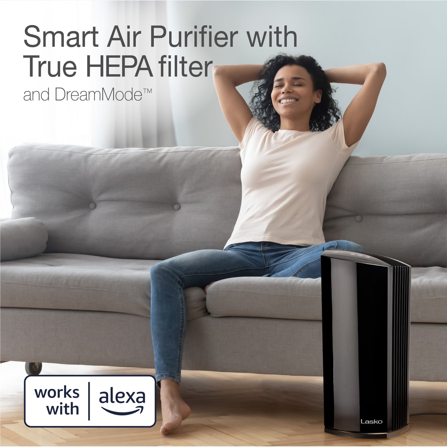 Lasko LP450 HEPA 22" Tower Air Purifier with Alexa (4-speed 2-stage filtration, black)