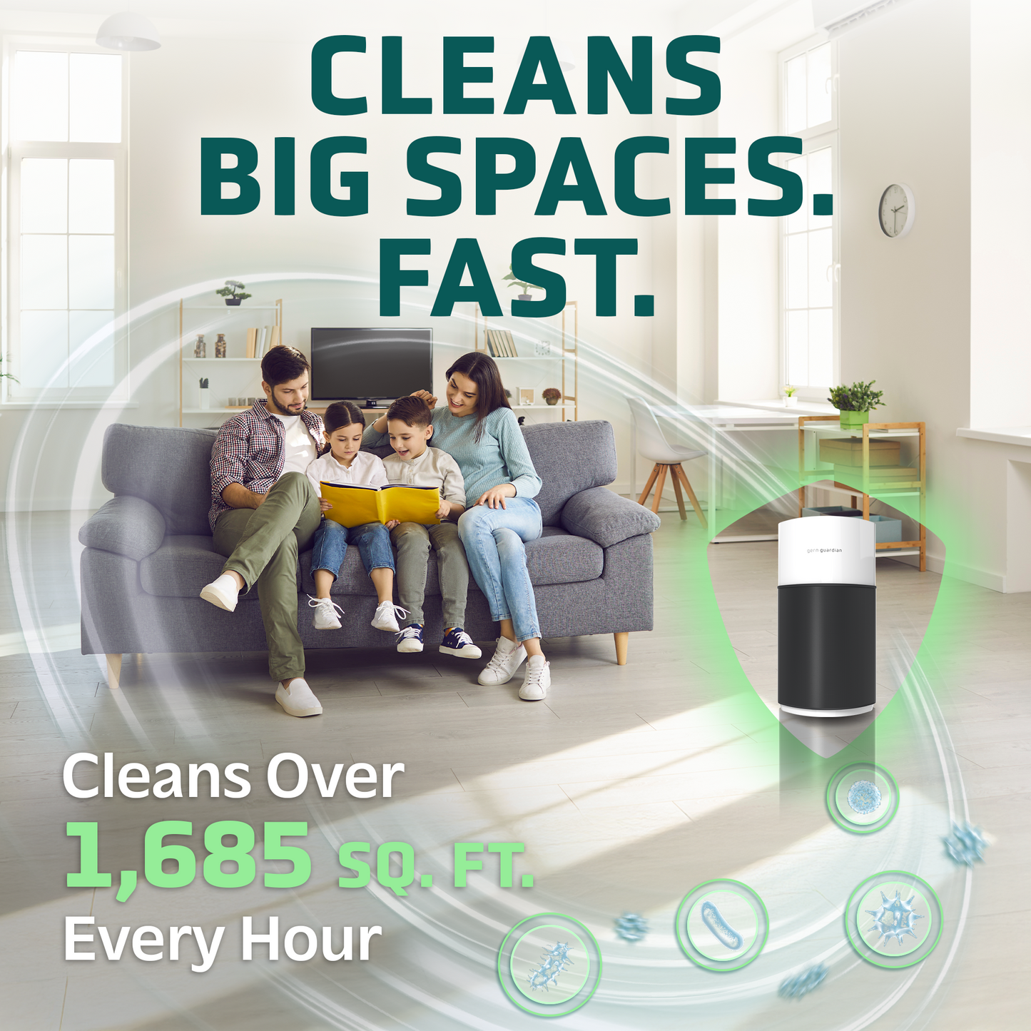 GermGuardian AC3250 AirSafe+ HEPA PURE™ 20" Smart Tower Air Purifier (360° 10-speed 4-stage UV-C filtration, black/white)