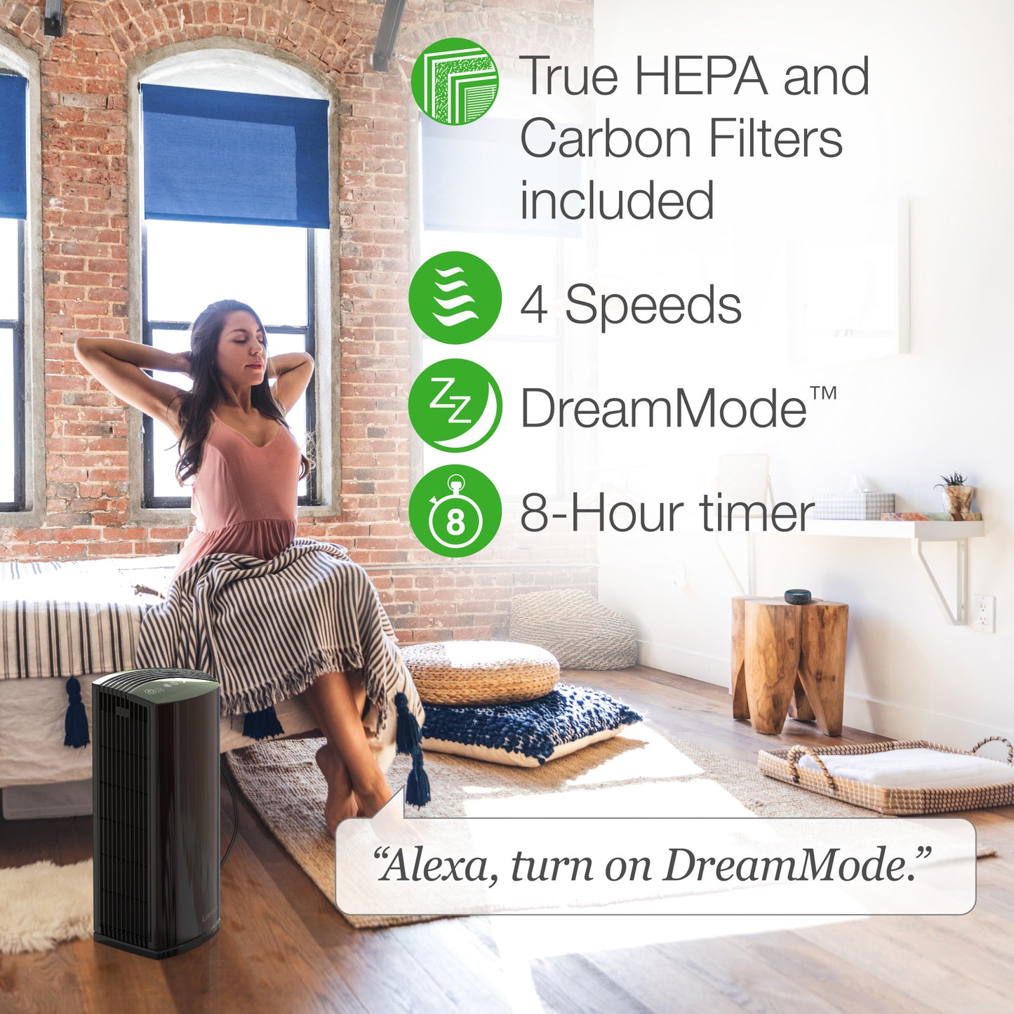 Lasko LP450 HEPA 22" Tower Air Purifier with Alexa (4-speed 2-stage filtration, black)
