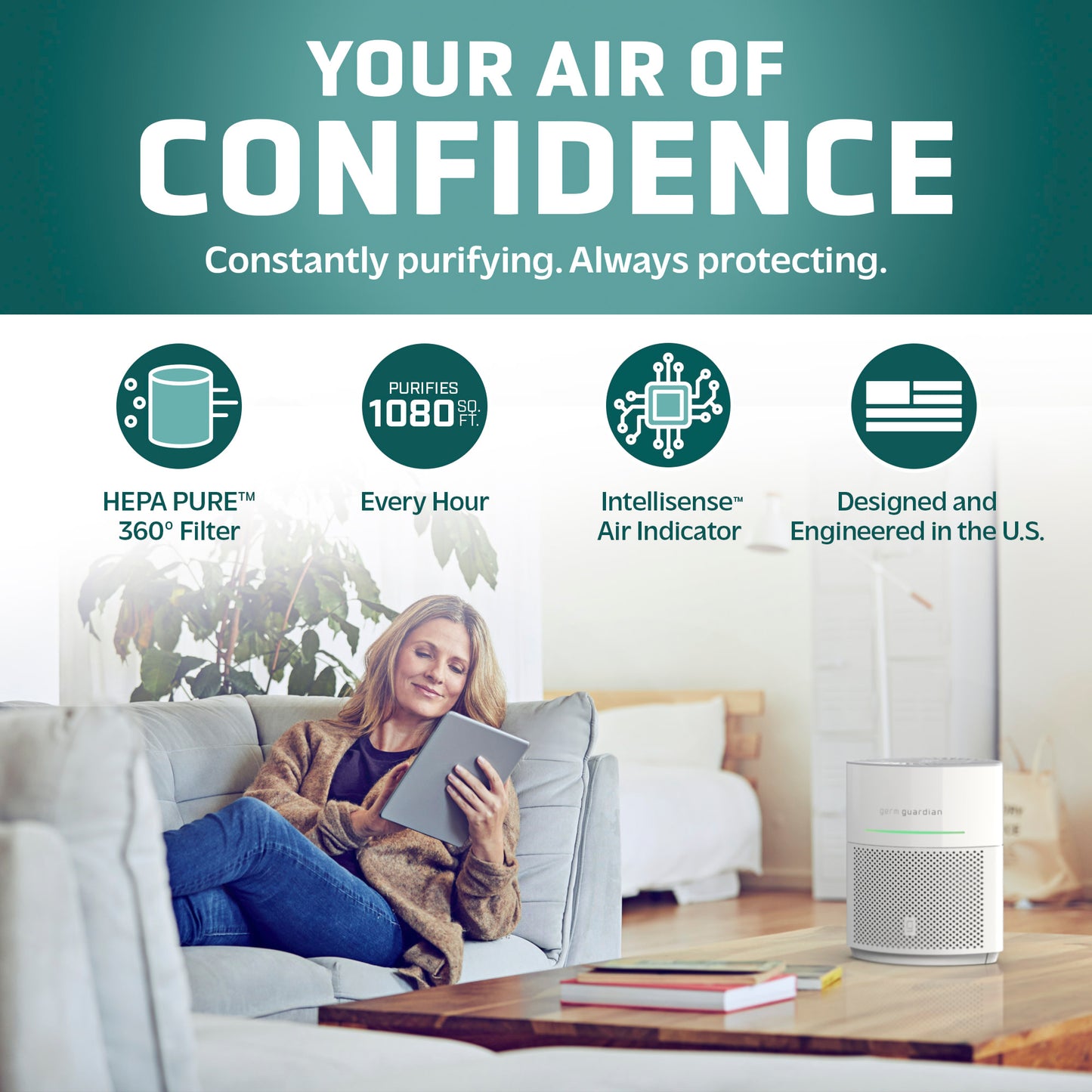 GermGuardian AP3151 AirSafe Air Purifier with 360 Degree HEPA 13 Filter and Air Quality Sensor
