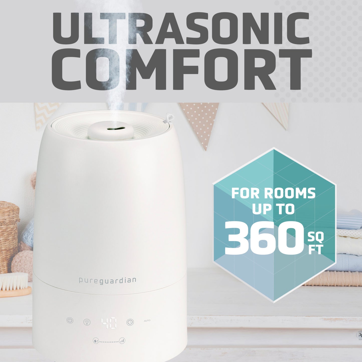 PureGuardian H955W 30-Hour Ultrasonic Top Fill Cool Mist Humidifier with Humidistat, .50 Gallon