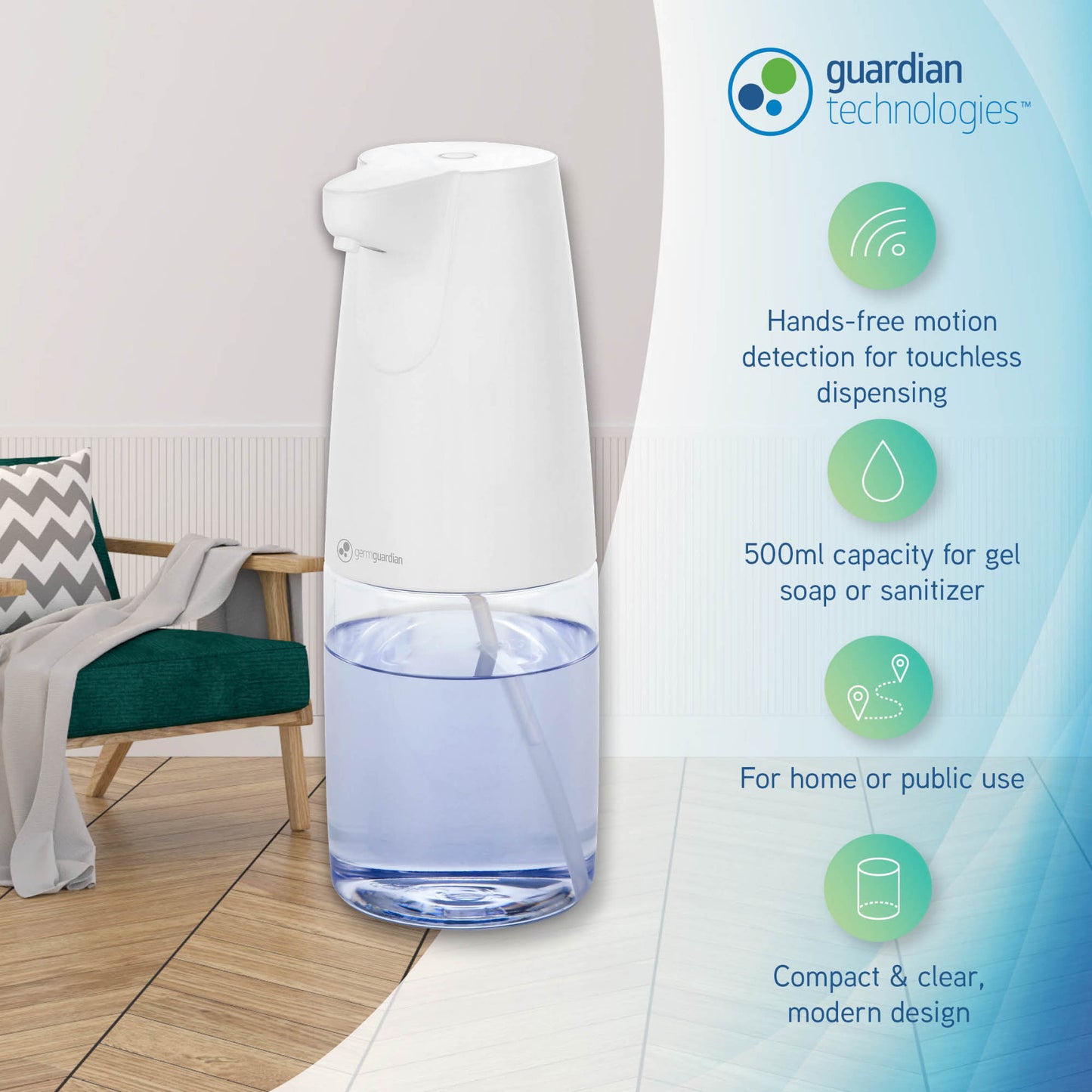 GermGuardian SD410 Distributeur automatique de savon et de désinfectant mains libres pour bureau, école, maison et plus, grande capacité 500 ml