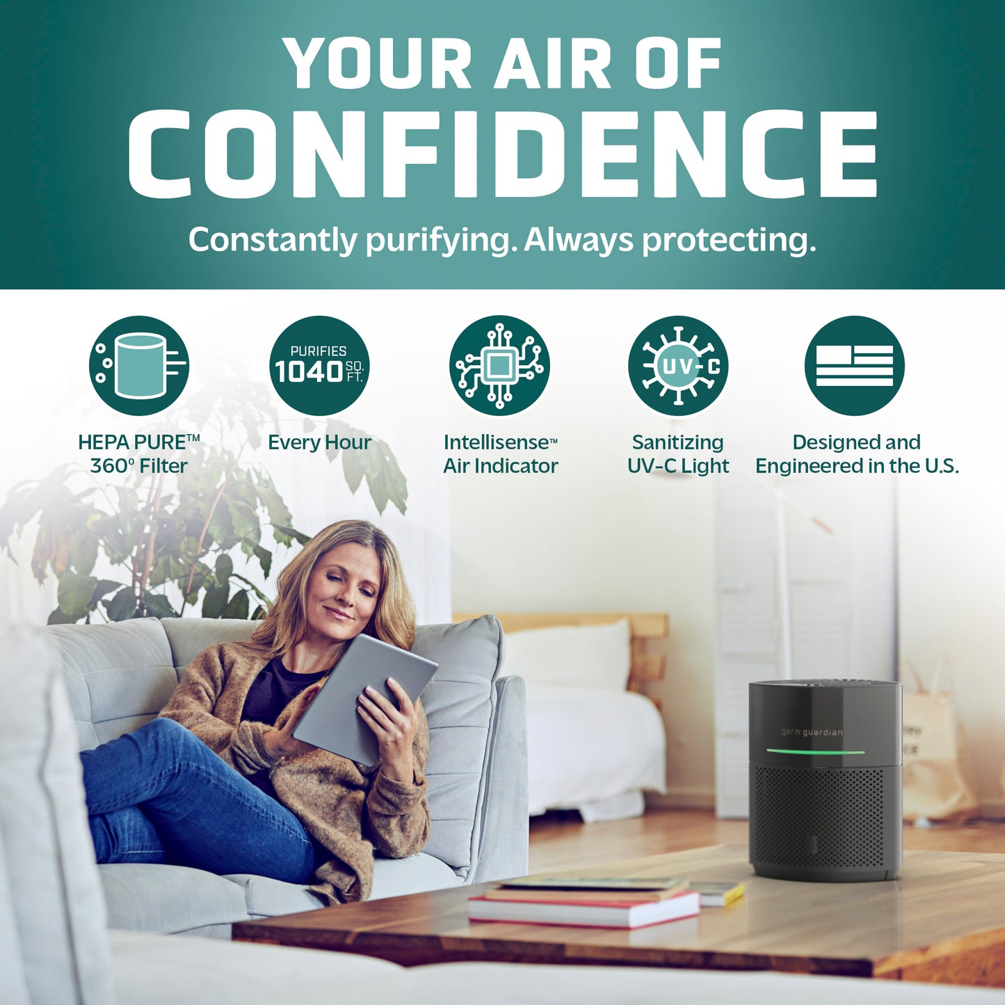 GermGuardian AC3000 HEPA PURE™ 14" Table Top Air Purifier & Air Quality Sensor (360° 3-speed 4-stage UV-C filtration, black)