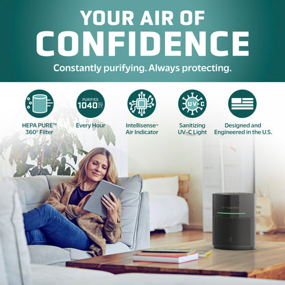GermGuardian AC3000 HEPA PURE™ 14" Table Top Air Purifier & Air Quality Sensor (360° 3-speed 4-stage UV-C filtration, black)