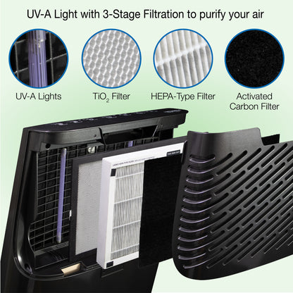 Lasko HF25630 Pure Platinum HEPA 28" Console Air Purifier (3-speed 3-stage UV-C filtration, black)
