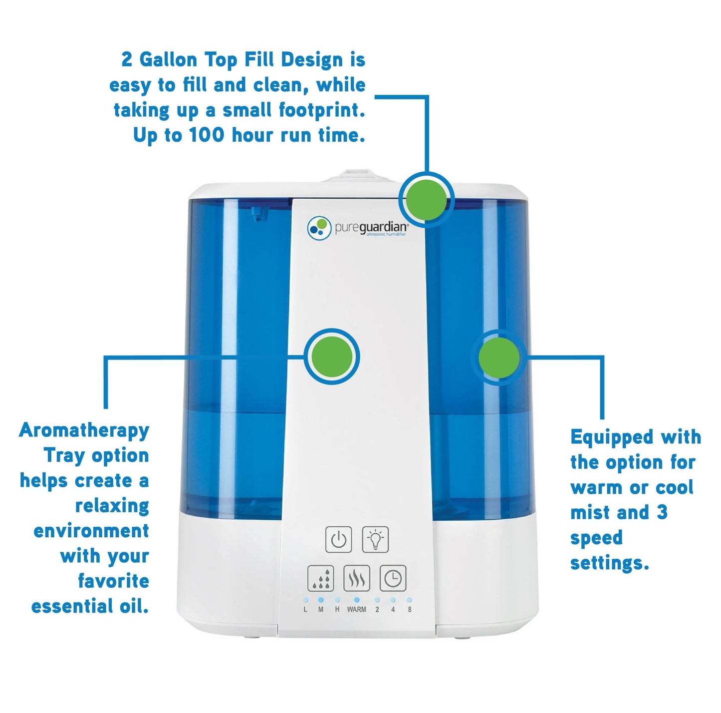PureGuardian H5225 Top Fill Ultrasonic Cool and Warm Mist Humidifier with Aromatherapy Tray, 2-Gallon