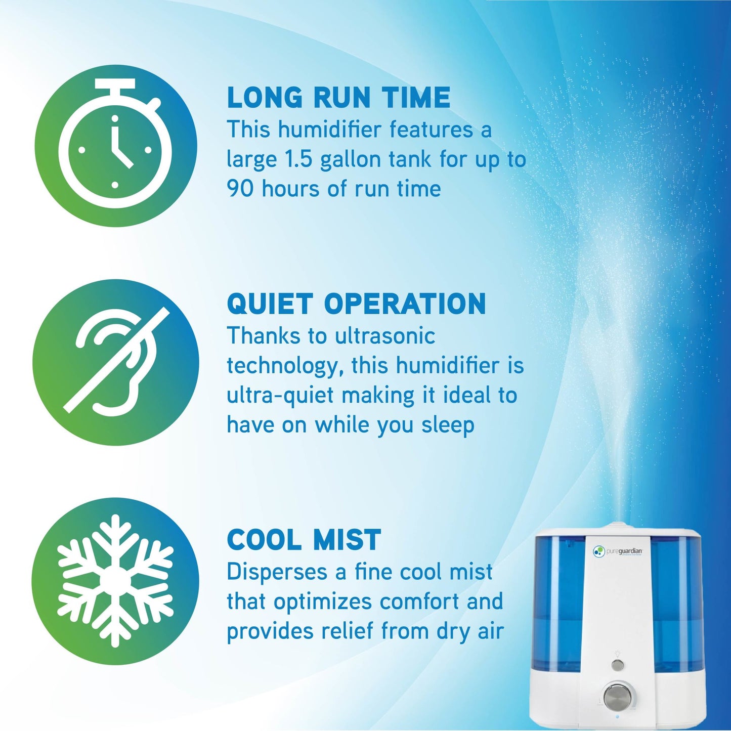 PureGuardian H1175 Top Fill Ultrasonic Cool Mist Humidifier with Aromatherapy Tray, 1.5-Gallon