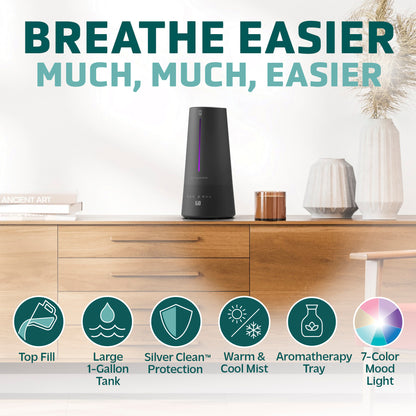 PureGuardian H5665B 90-Hour, 1.5 Gallon Warm and Cool Mist Ultrasonic Humidifier with Humidistat and UV-C