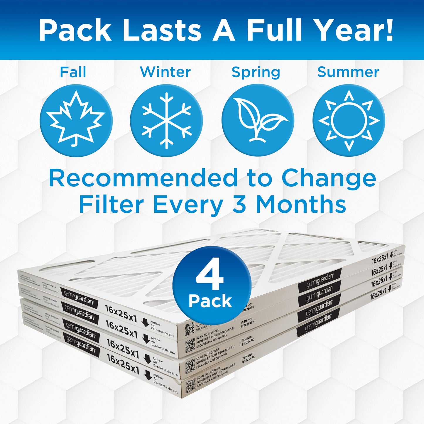GermGuardian Furnace Air Conditioner Air Filters (MERV12, 16" x 25" x 1", 4 count)