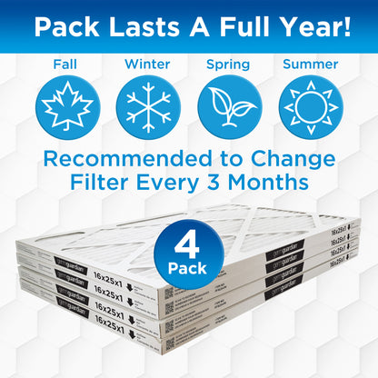 GermGuardian Furnace Air Conditioner Air Filters (MERV12, 16" x 25" x 1", 4 count)