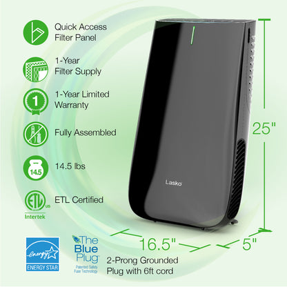 Lasko HF25630 Pure Platinum HEPA 28" Console Air Purifier (3-speed 3-stage UV-C filtration, black)