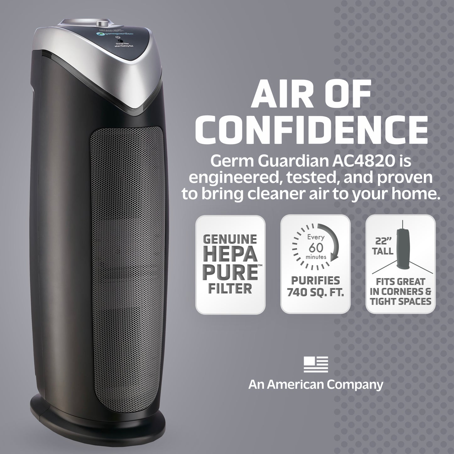 GermGuardian AC4820 HEPA PURE™ 22" Tower Air Purifier (3-speed 2-stage filtration, black)