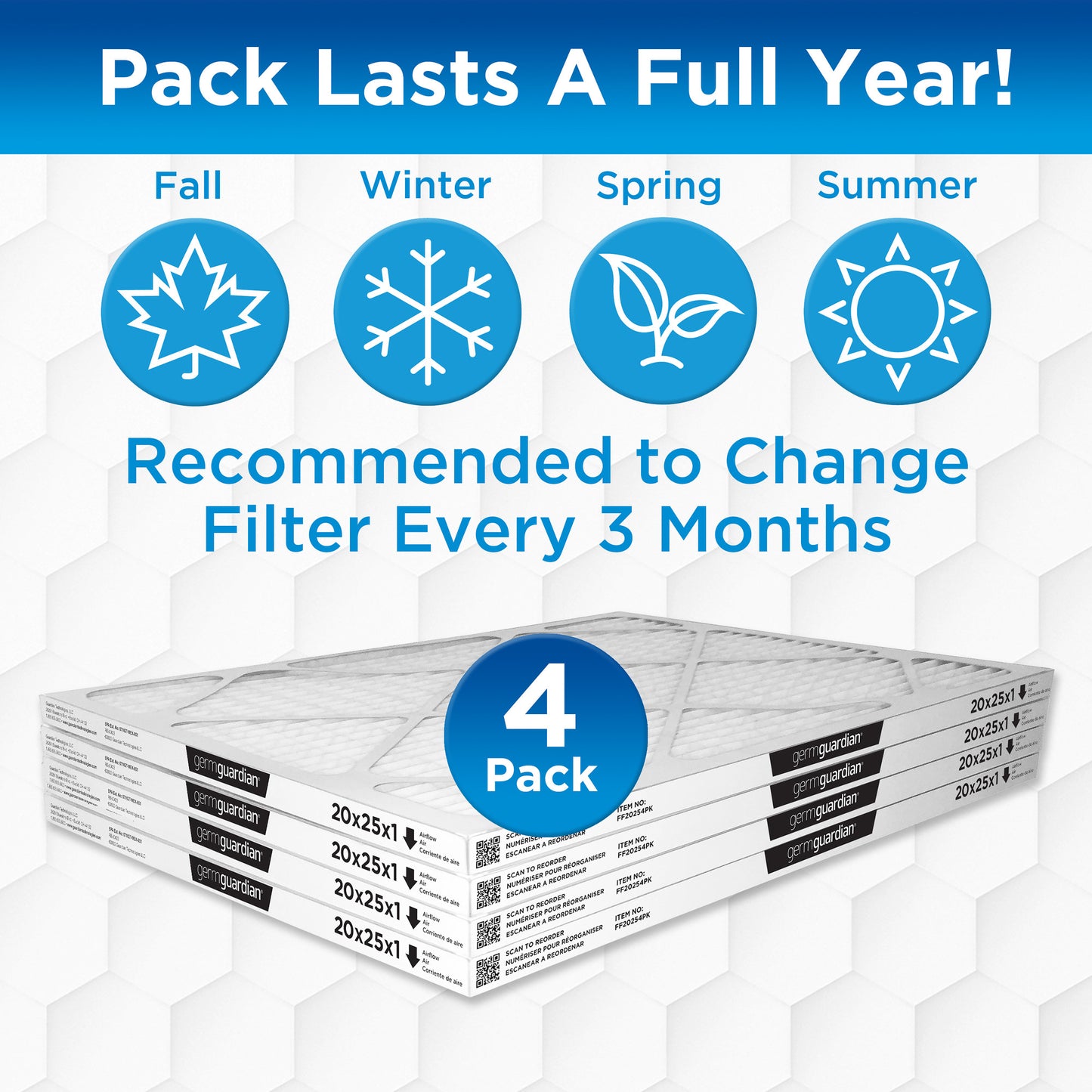 GermGuardian Furnace Air Conditioner Air Filters (MERV12, 20" x 25" x 1", 4 count)