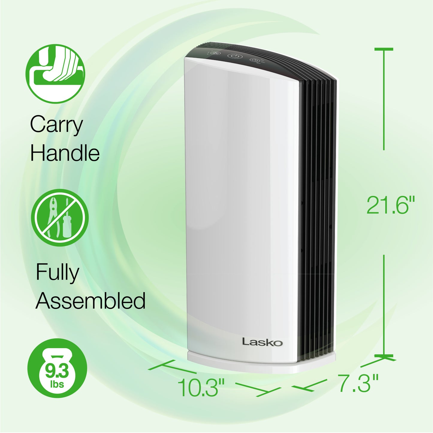 Lasko LP300 HEPA 22" Tower Air Purifier (3-speed 2-stage filtration, white/black)