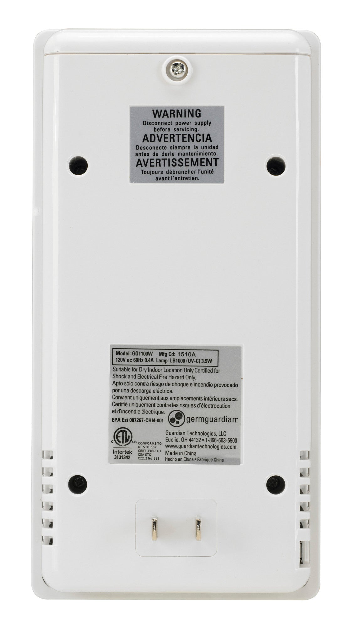 GermGuardian GG1100 Elite Pluggable UV-C Air Sanitizer, Odor Reduction (white)