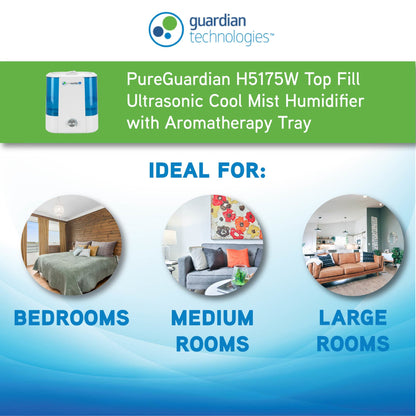 PureGuardian H5175W Top Fill Ultrasonic Cool Mist Humidifier with Aromatherapy Tray, 2 Gallon, 120 Hour Run Time