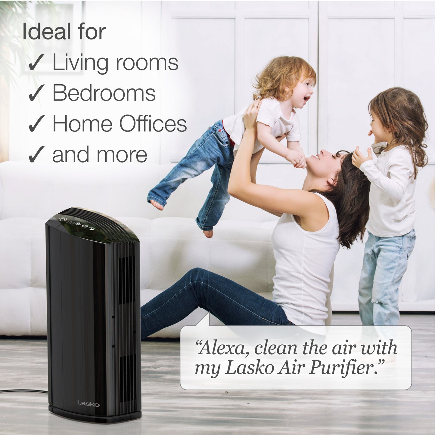 Lasko LP450 HEPA 22" Tower Air Purifier with Alexa (4-speed 2-stage filtration, black)
