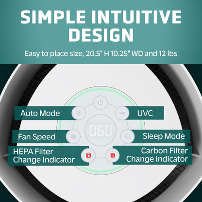 GermGuardian AC3200 AirSafe+ HEPA PURE™ 20" Tower Air Purifier (360° 10-speed 4-stage UV-C filtration, white/gray)