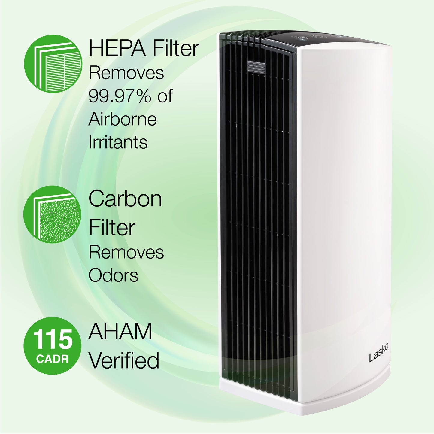 Lasko LP300 HEPA 22" Tower Air Purifier (3-speed 2-stage filtration, white/black)