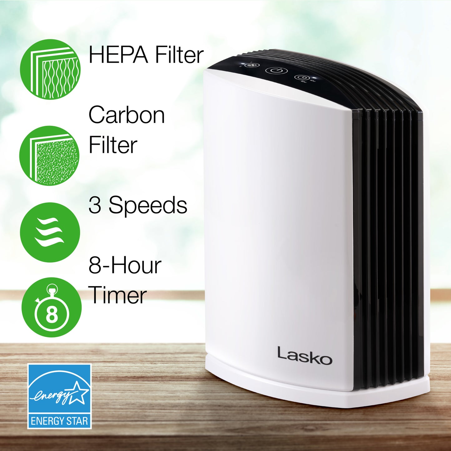 Lasko LP200 HEPA 15" Table Top Air Purifier (3-speed 2-stage filtration, white/black)