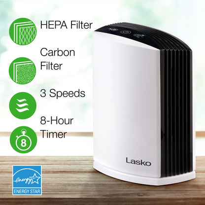 Lasko LP200 HEPA 15" Table Top Air Purifier (3-speed 2-stage filtration, white/black)