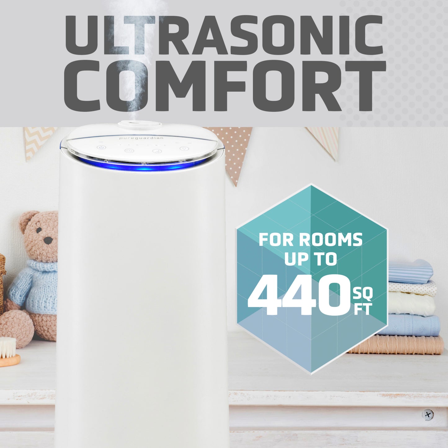 PureGuardian H3200 Ultrasonic Cool Mist Humidifier Tower with Aromatherapy Tray, 1.5-Gallons (white)
