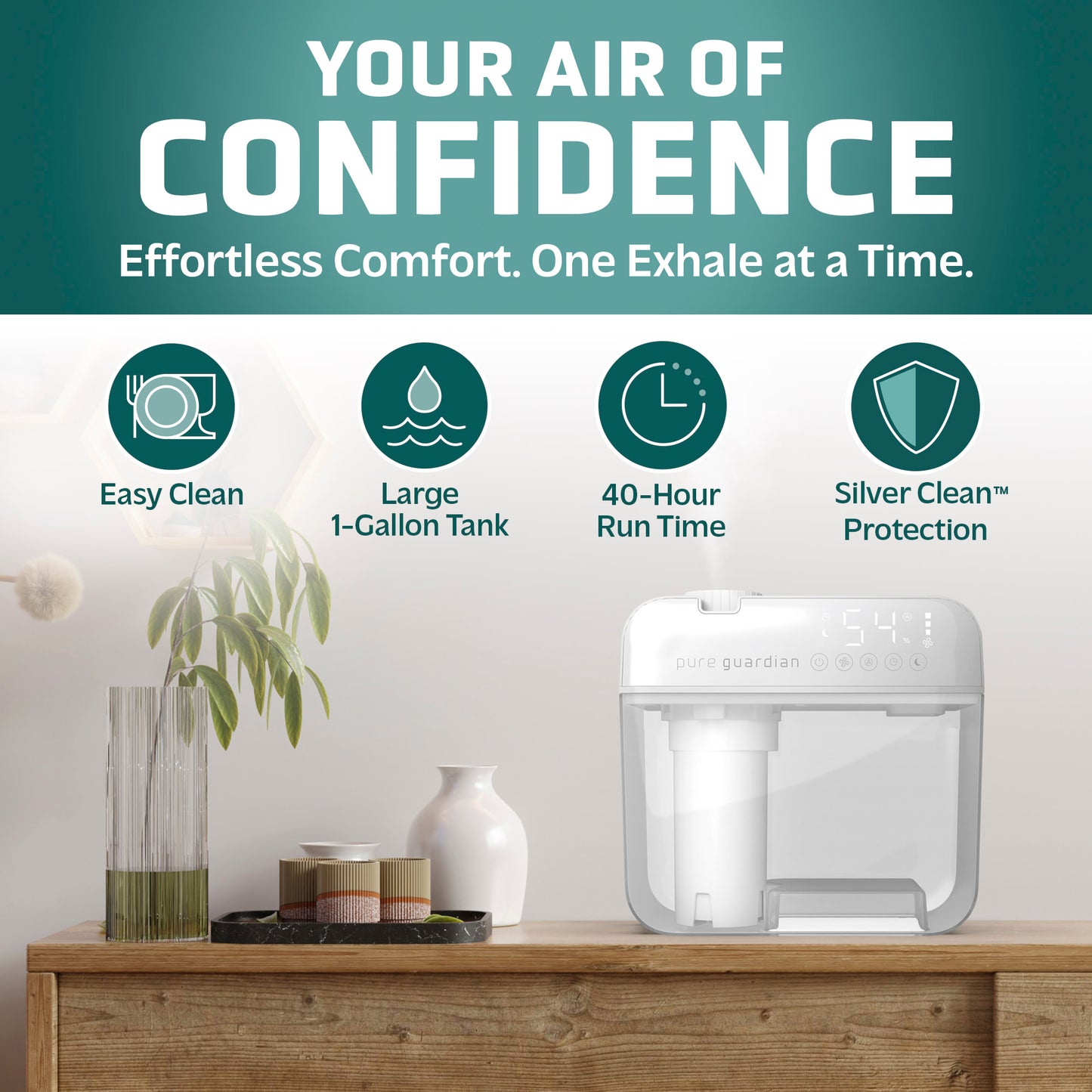 PureGuardian H1050W 1.2 Gallon Cool Mist Ultrasonic Humidifier, White