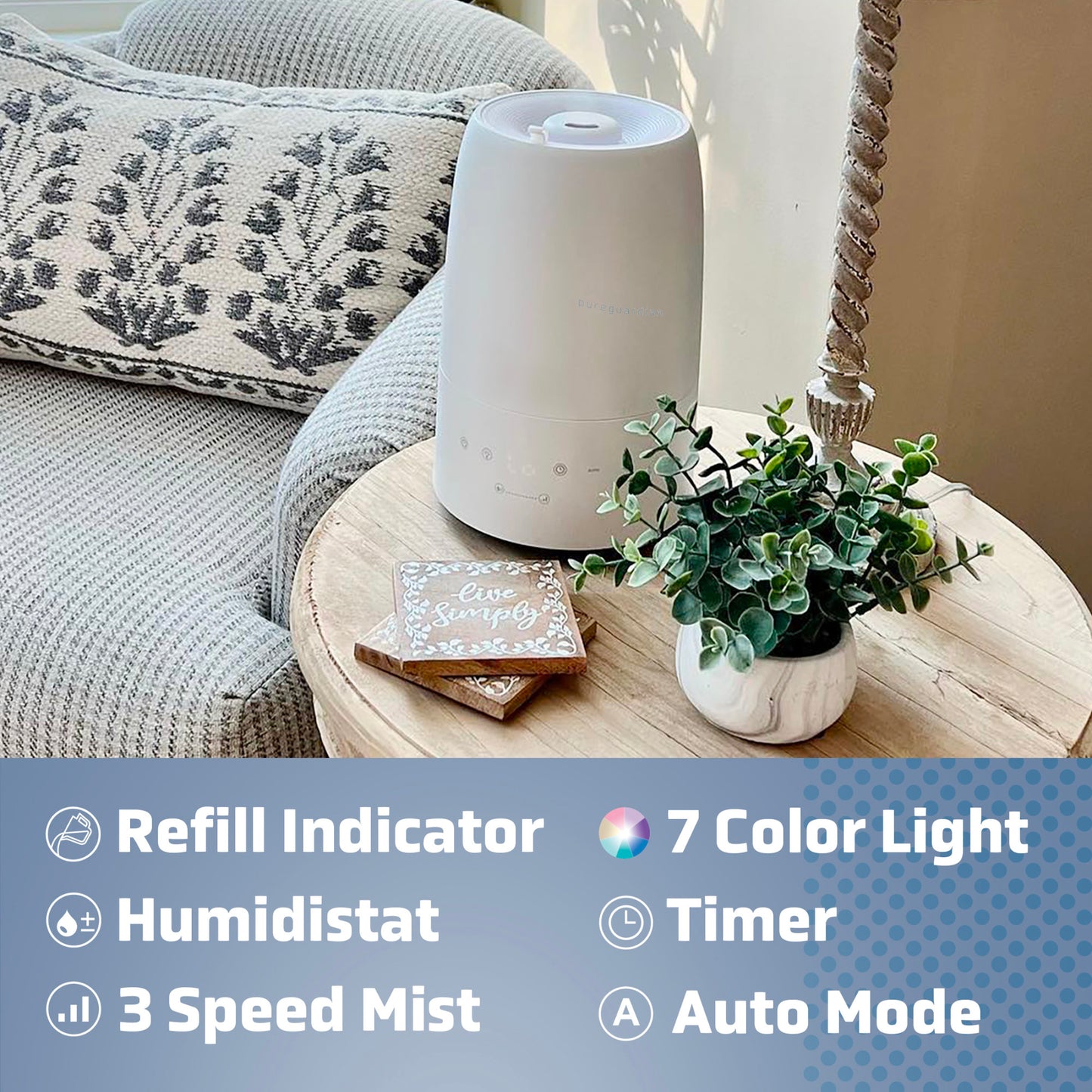 PureGuardian H955W 30-Hour Ultrasonic Top Fill Cool Mist Humidifier with Humidistat, .50 Gallon