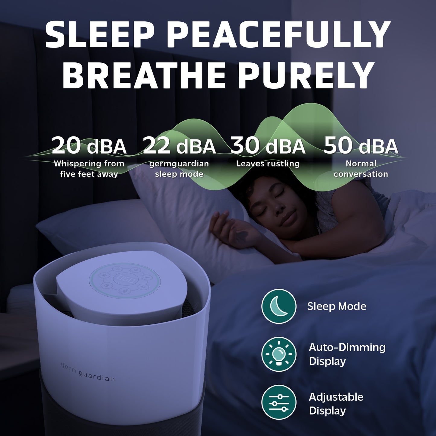 GermGuardian AC3250 AirSafe+ HEPA PURE™ 20" Smart Tower Air Purifier (360° 10-speed 4-stage UV-C filtration, black/white)