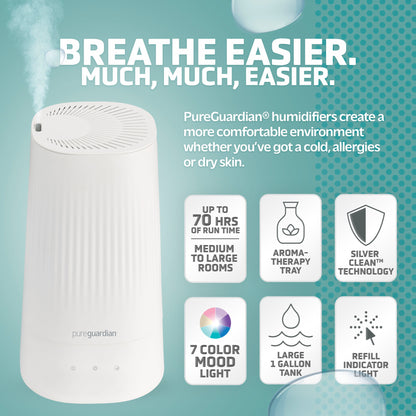 PureGuardian H980W 70-Hour Ultrasonic Cool Mist Humidifier, 1-Gallon