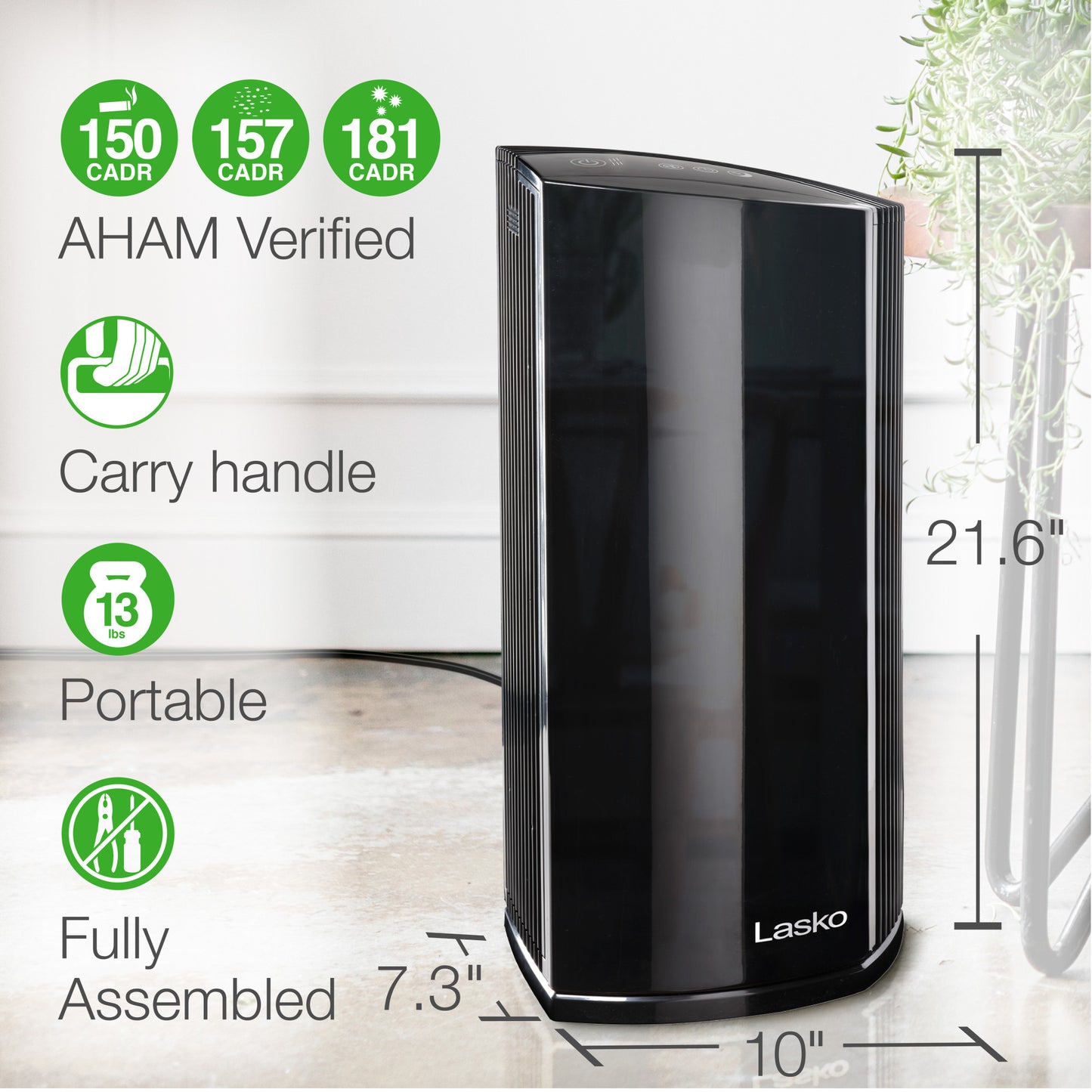 Lasko LP450 HEPA 22" Tower Air Purifier with Alexa (4-speed 2-stage filtration, black)