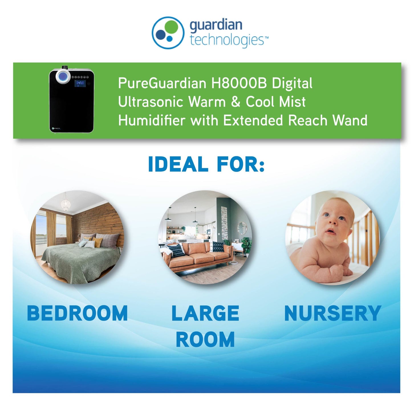 PureGuardian H8000B Elite Ultrasonic Warm Mist & Ultrasonic Cool Mist Digital Humidifier with Extendable Wand
