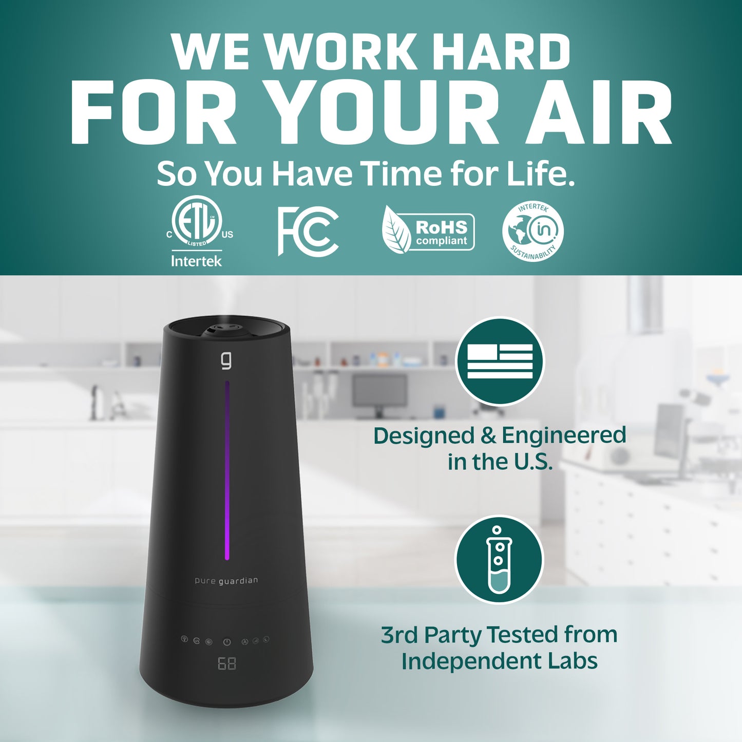 PureGuardian H5665B 90-Hour, 1.5 Gallon Warm and Cool Mist Ultrasonic Humidifier with Humidistat and UV-C