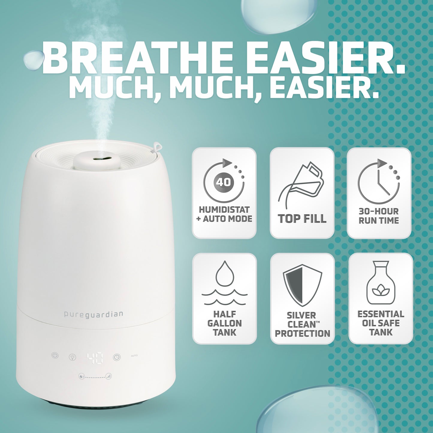 PureGuardian H955W 30-Hour Ultrasonic Top Fill Cool Mist Humidifier with Humidistat, .50 Gallon