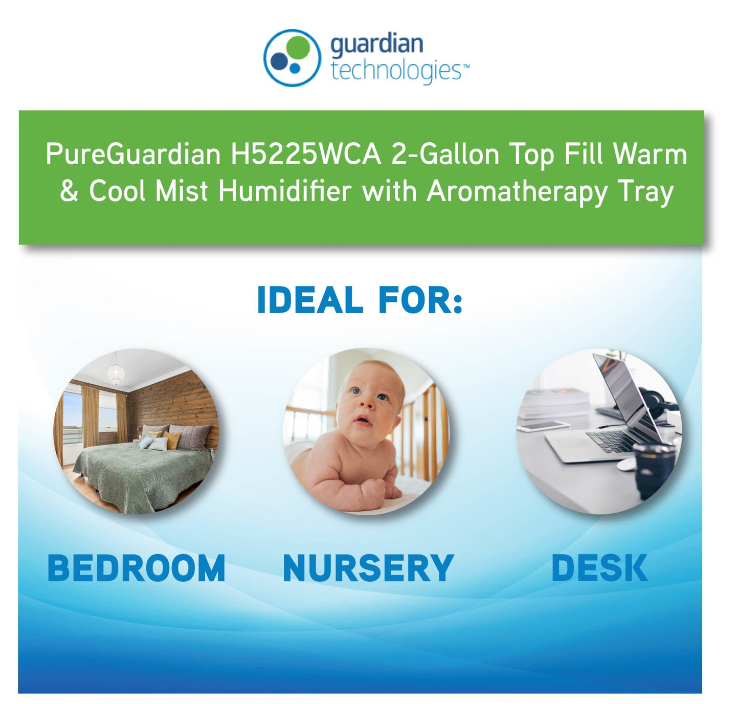 PureGuardian H5225 Top Fill Ultrasonic Cool and Warm Mist Humidifier with Aromatherapy Tray, 2-Gallon