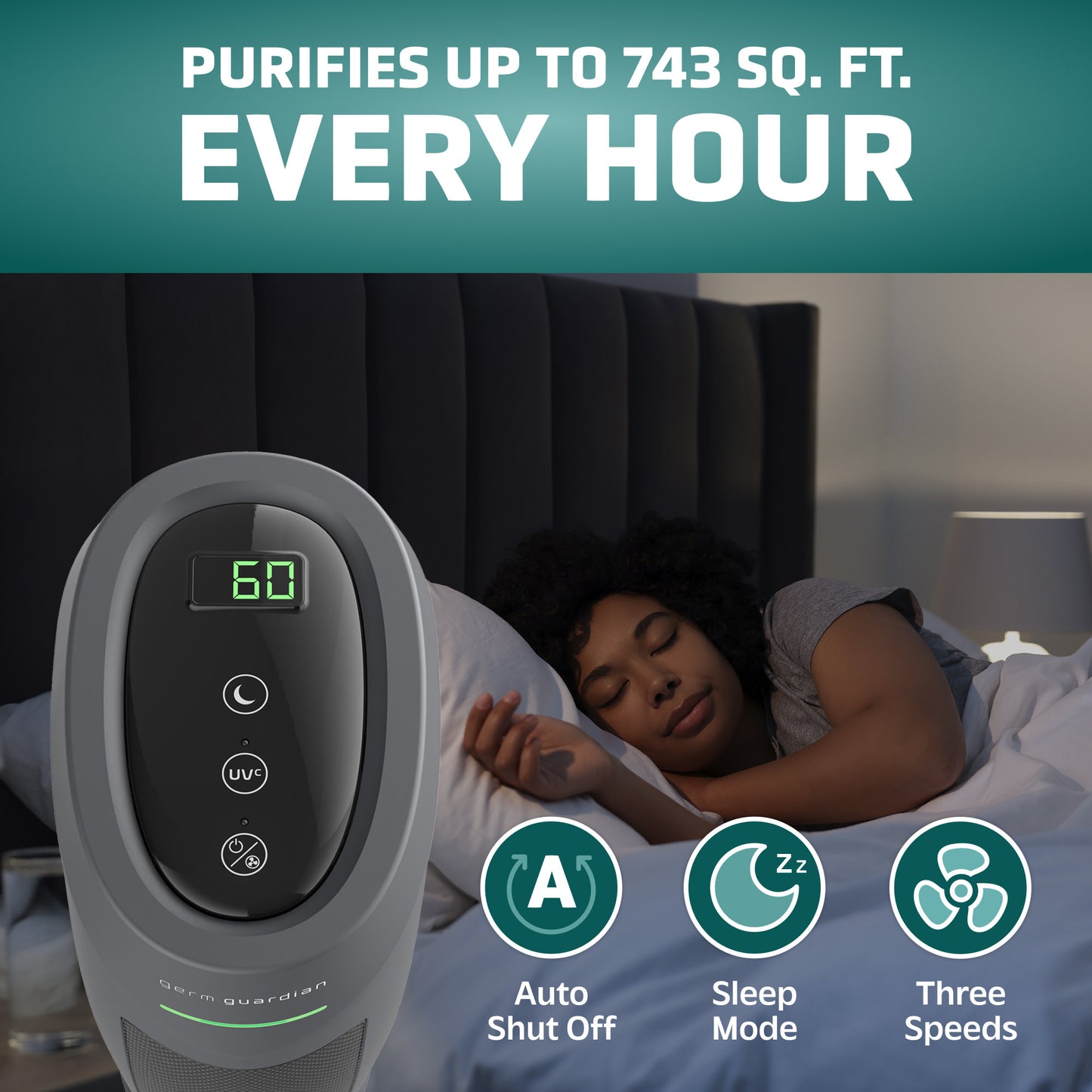 GermGuardian AC4880 HEPA PURE™ 22" Tower Air Purifier (5-speed 4-stage UV-C filtration, graphite)