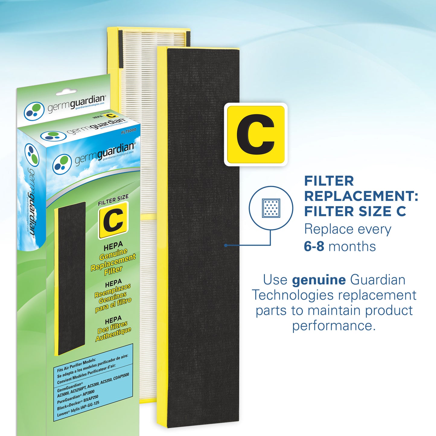 GermGuardian AC5300 HEPA PURE™ 28" Tower Air Purifier (3-speed 3-stage UV-C filtration, black)