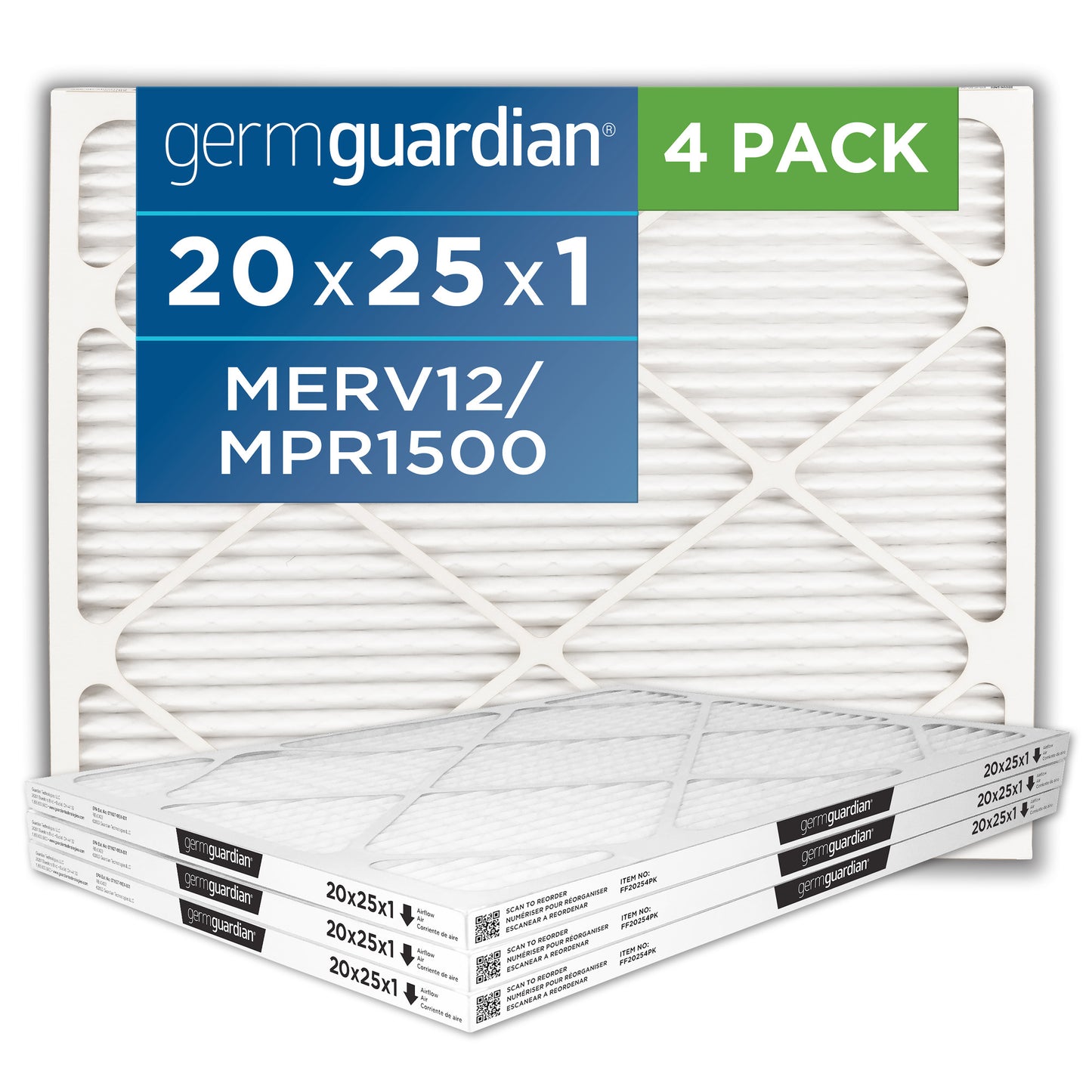 GermGuardian Furnace Air Conditioner Air Filters (MERV12, 20" x 25" x 1", 4 count)
