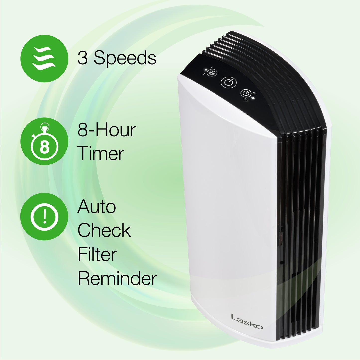 Lasko LP300 HEPA 22" Tower Air Purifier (3-speed 2-stage filtration, white/black)