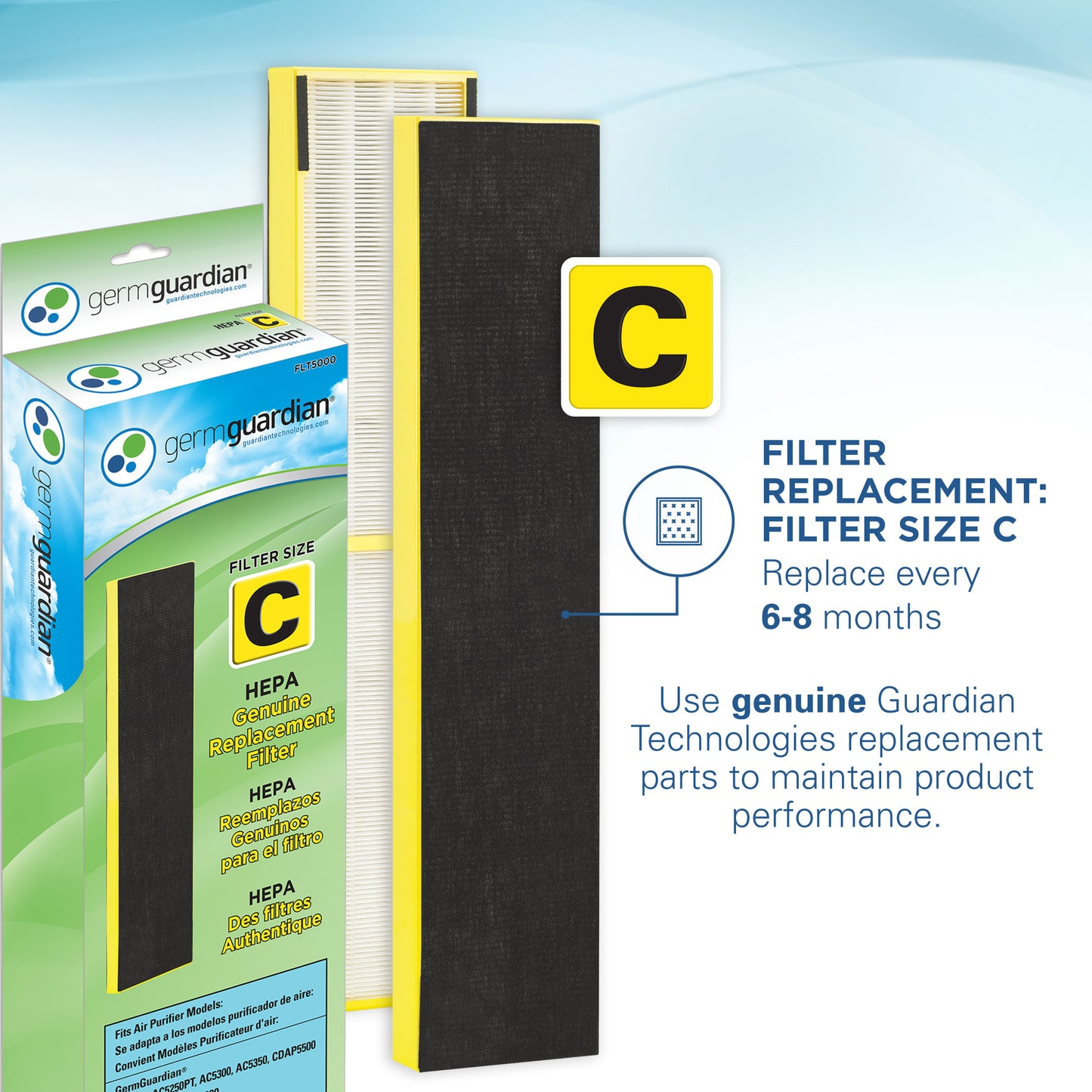 GermGuardian CDAP5500 HEPA PURE™ 28" Tower Air Purifier (5-speed 3-stage UV-C filtration, black)