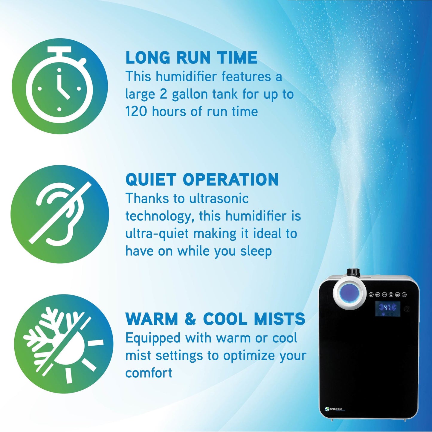 PureGuardian H8000B Elite Ultrasonic Warm Mist & Ultrasonic Cool Mist Digital Humidifier with Extendable Wand